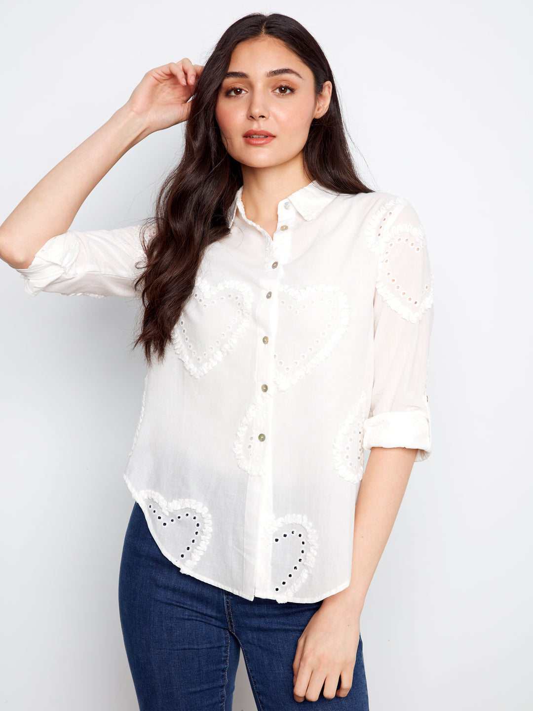 Textured Fabric Long Roll Up Sleeve Button Down Blouse