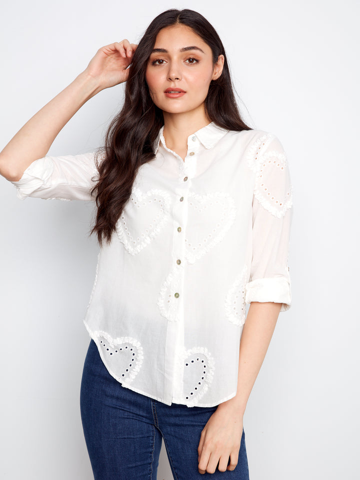 Textured Fabric Long Roll Up Sleeve Button Down Blouse