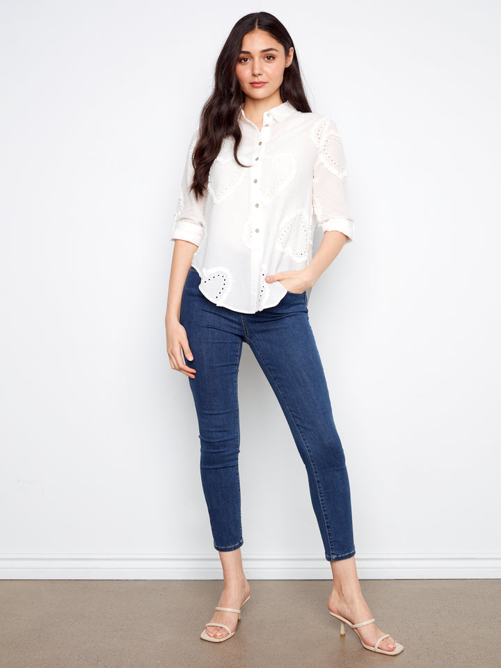 Textured Fabric Long Roll Up Sleeve Button Down Blouse