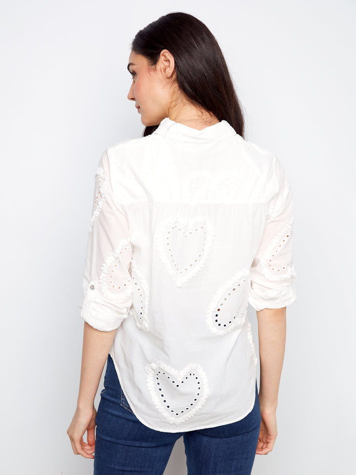 Textured Fabric Long Roll Up Sleeve Button Down Blouse