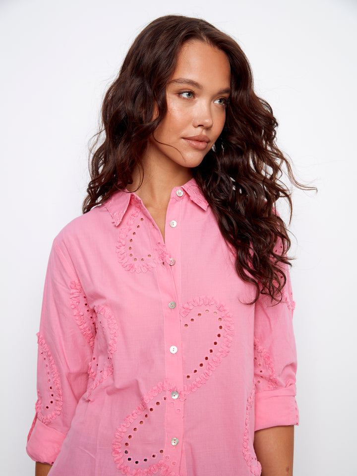 Textured Fabric Long Roll Up Sleeve Button Down Blouse