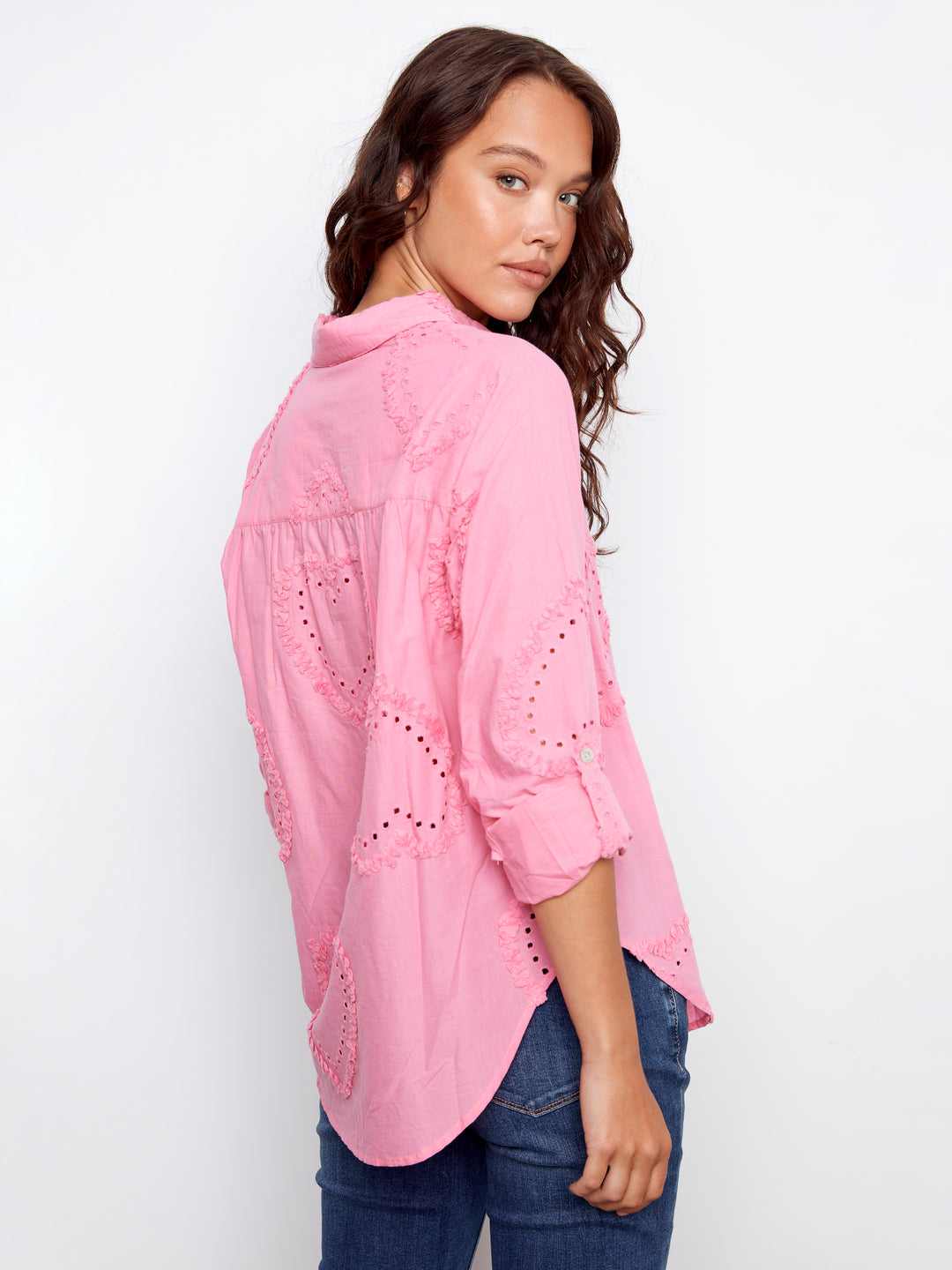 Textured Fabric Long Roll Up Sleeve Button Down Blouse