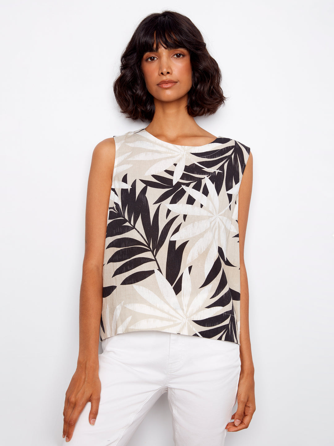 Printed Sleeveless Blouse With Back Button Detail