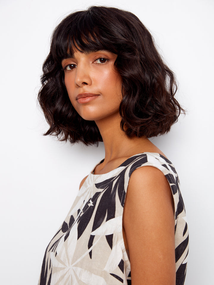 Printed Sleeveless Blouse With Back Button Detail