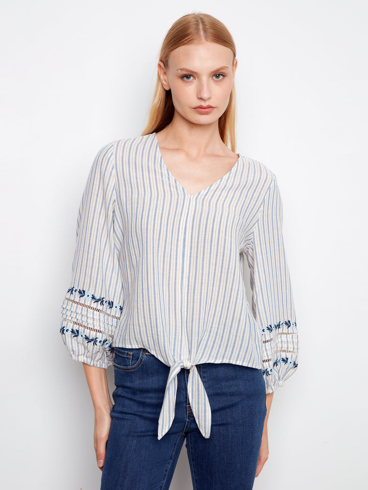 Yarn Dye Stripe V-Neck Tie-Front Blouse With Embroidery Detail At Sleeves