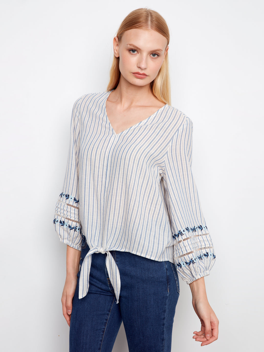 Yarn Dye Stripe V-Neck Tie-Front Blouse With Embroidery Detail At Sleeves
