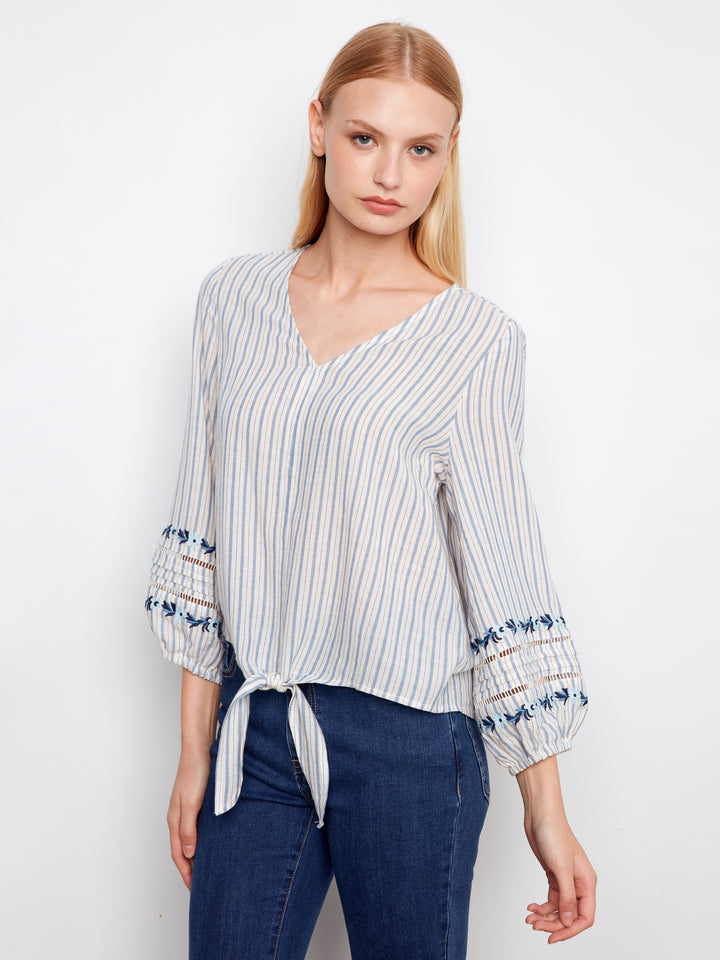 Yarn Dye Stripe V-Neck Tie-Front Blouse With Embroidery Detail At Sleeves