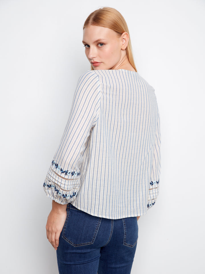 Yarn Dye Stripe V-Neck Tie-Front Blouse With Embroidery Detail At Sleeves