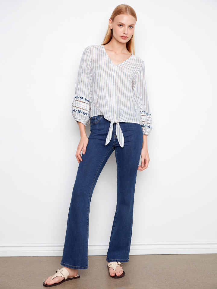 Yarn Dye Stripe V-Neck Tie-Front Blouse With Embroidery Detail At Sleeves