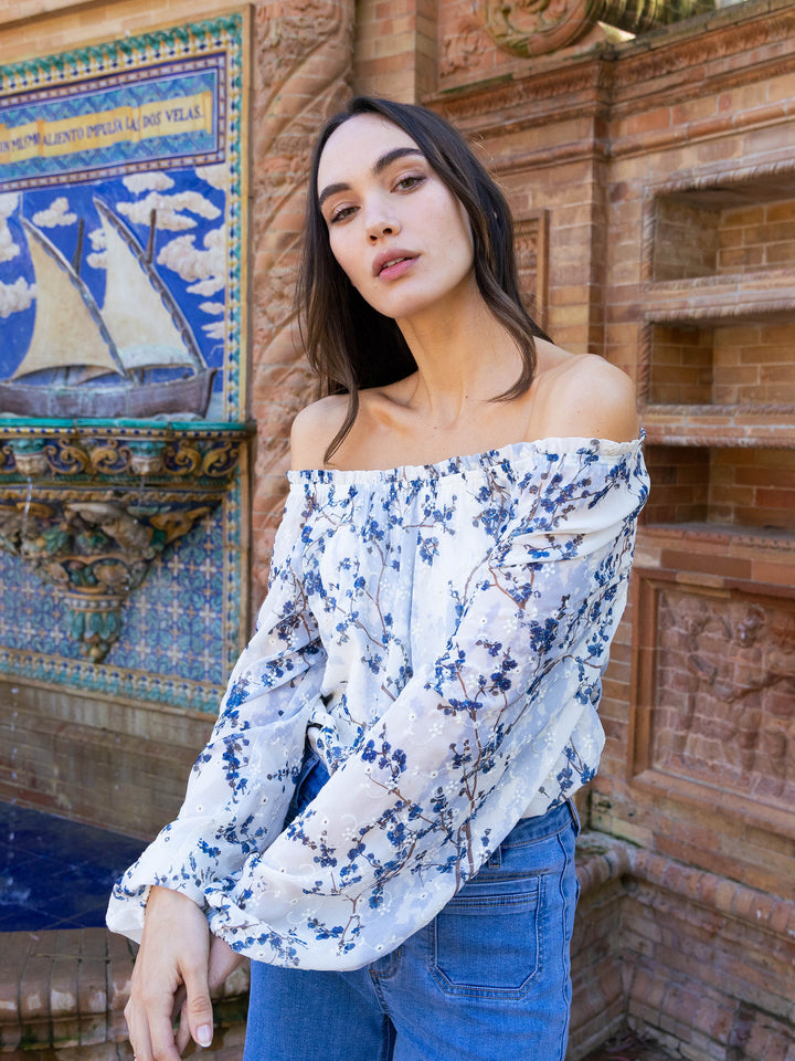 Printed Eyelet Long Raglan Balloon Sleeve Off Shoulder Blouse