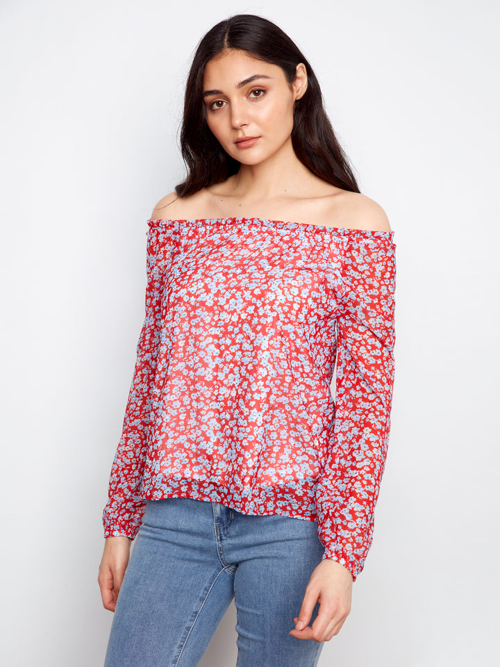 Printed Long Raglan Balloon Sleeve Off Shoulder Blouse