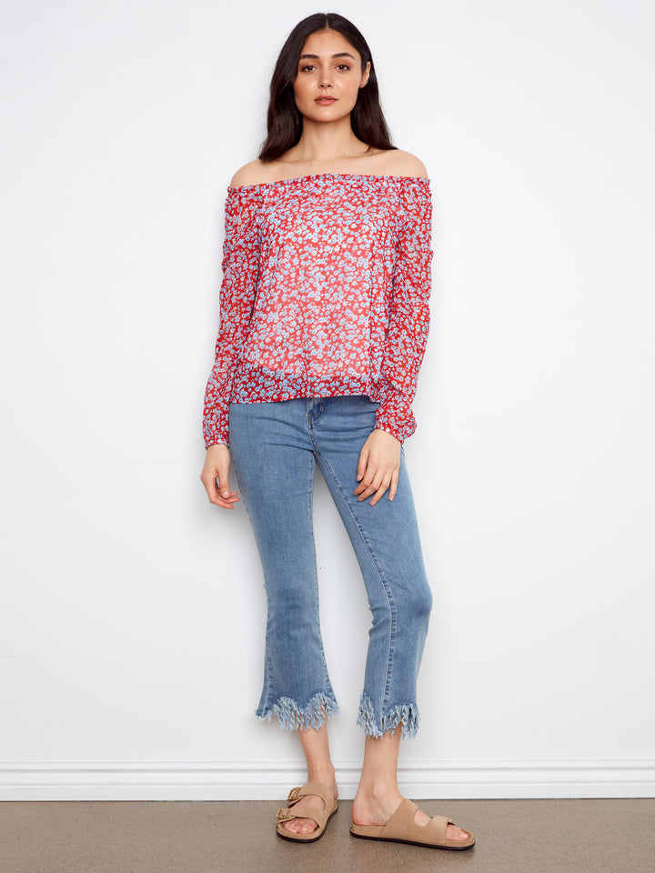 Printed Long Raglan Balloon Sleeve Off Shoulder Blouse