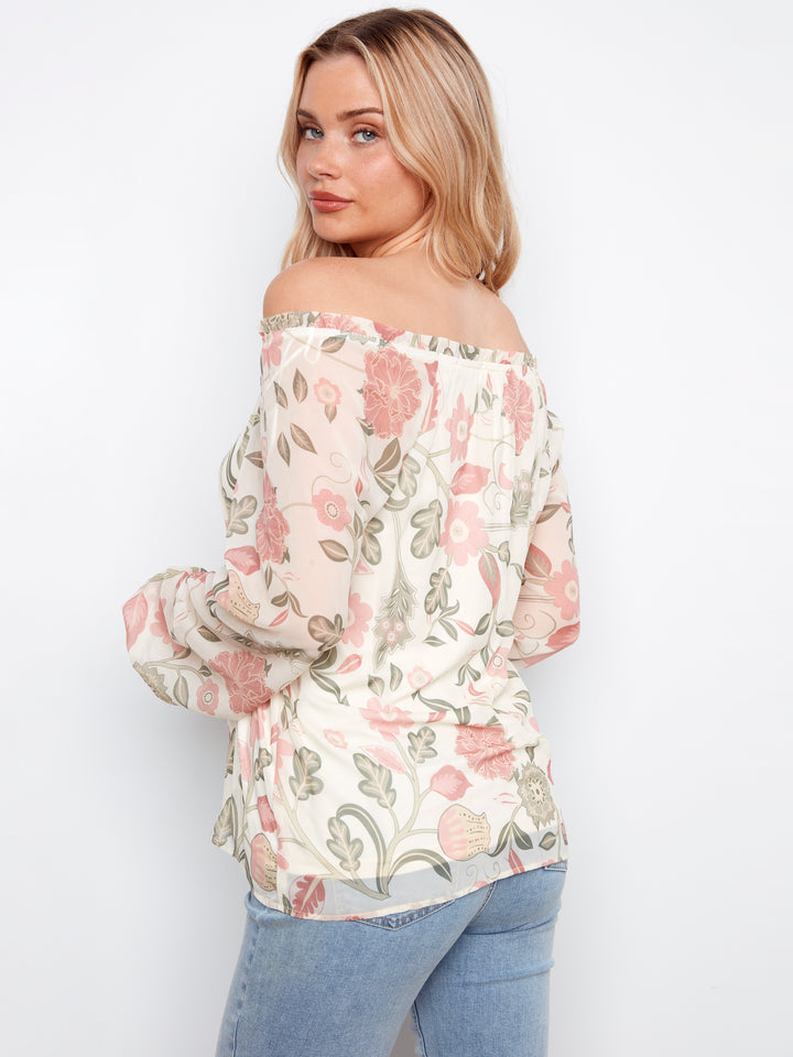 Printed Long Raglan Balloon Sleeve Off Shoulder Blouse