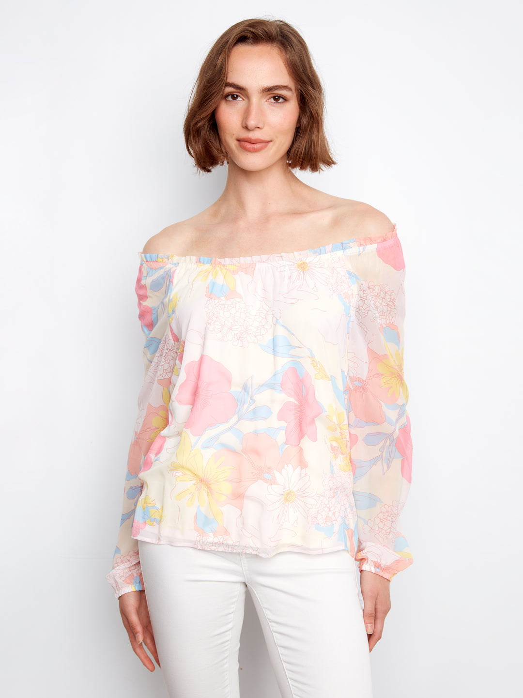 Printed Long Raglan Balloon Sleeve Off Shoulder Blouse