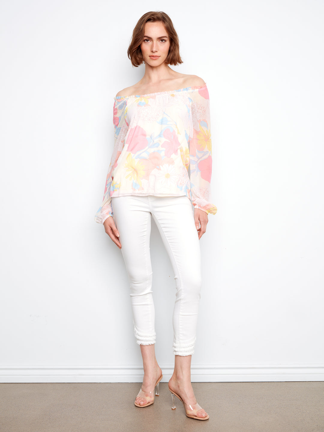 Printed Long Raglan Balloon Sleeve Off Shoulder Blouse