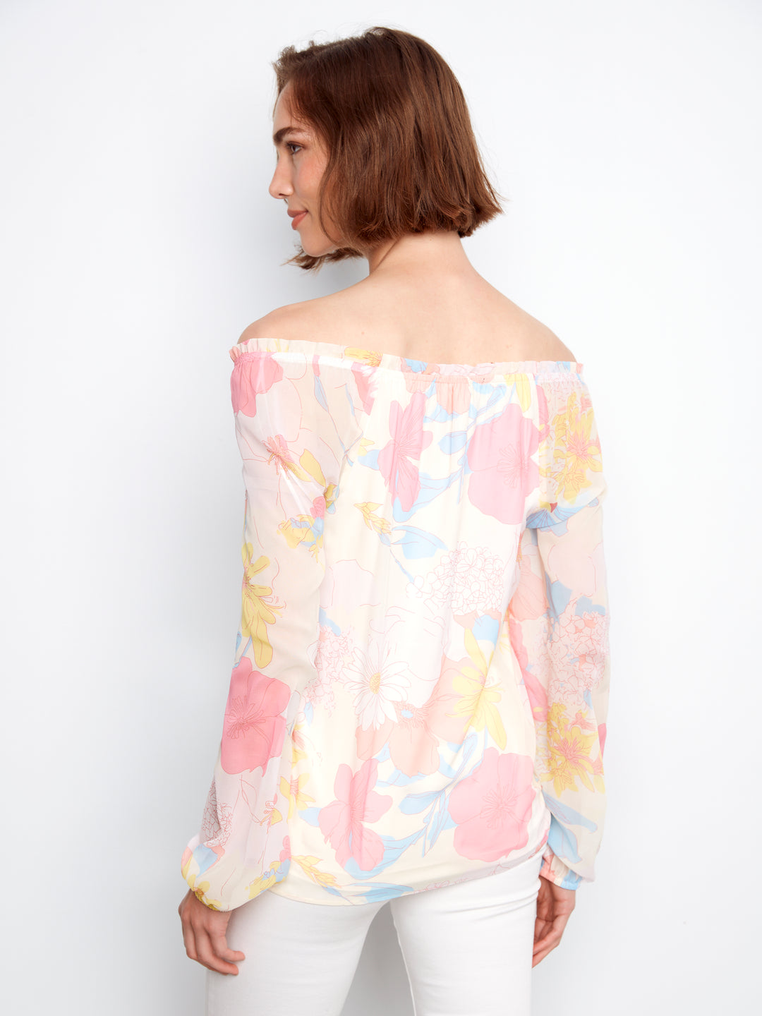 Printed Long Raglan Balloon Sleeve Off Shoulder Blouse