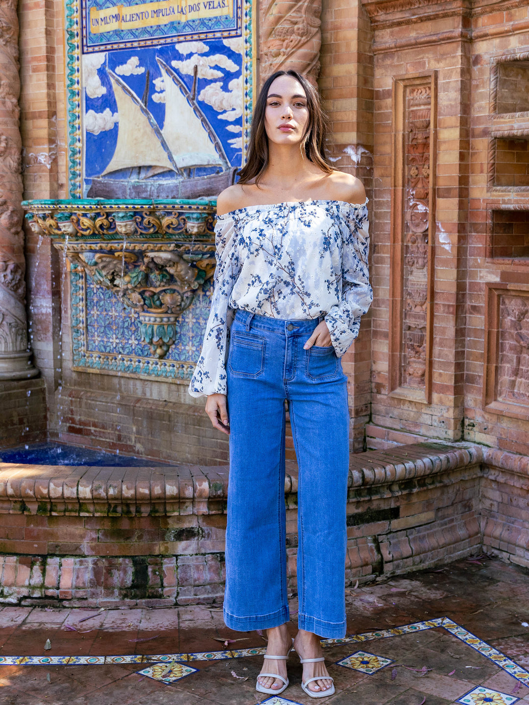 Printed Eyelet Long Raglan Balloon Sleeve Off Shoulder Blouse