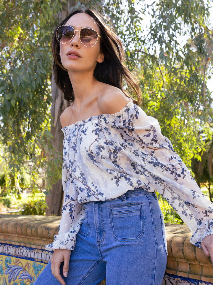Printed Eyelet Long Raglan Balloon Sleeve Off Shoulder Blouse