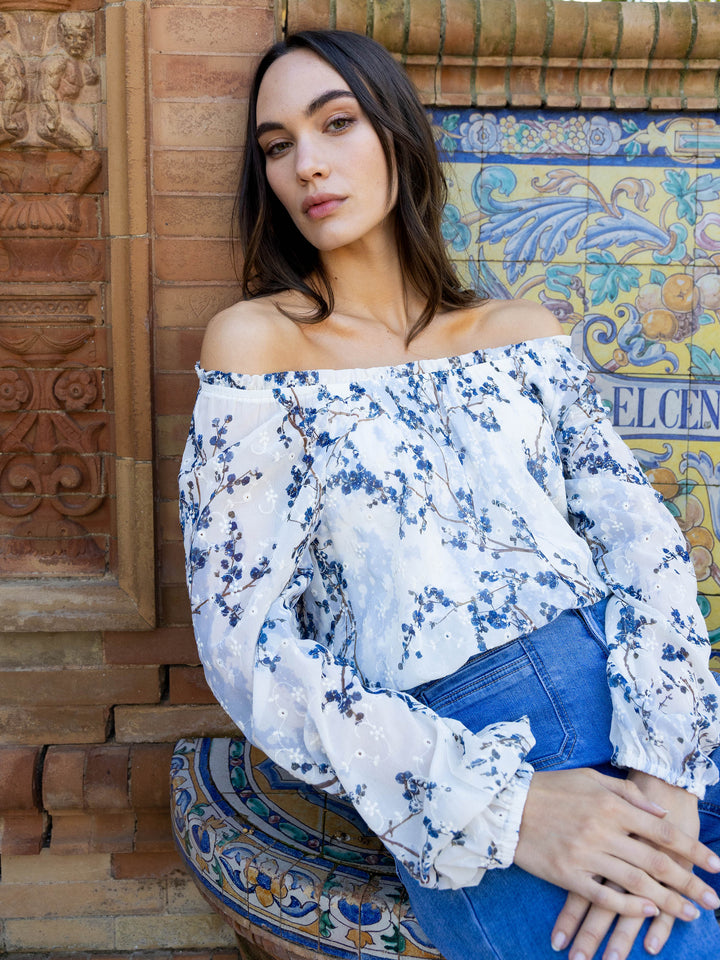 Printed Eyelet Long Raglan Balloon Sleeve Off Shoulder Blouse