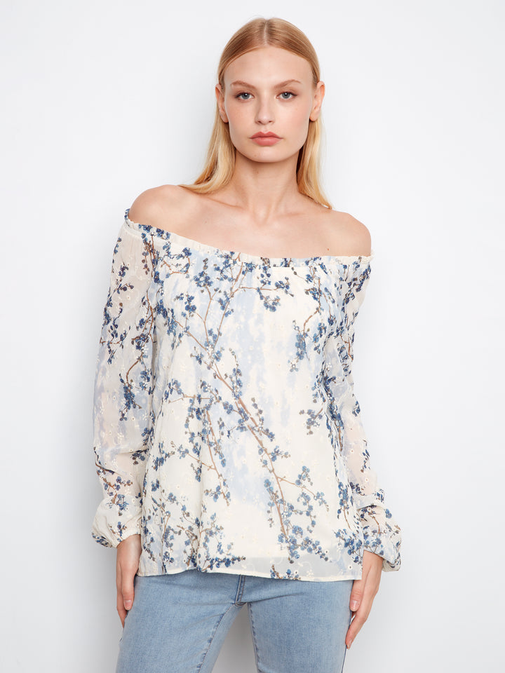 Printed Eyelet Long Raglan Balloon Sleeve Off Shoulder Blouse