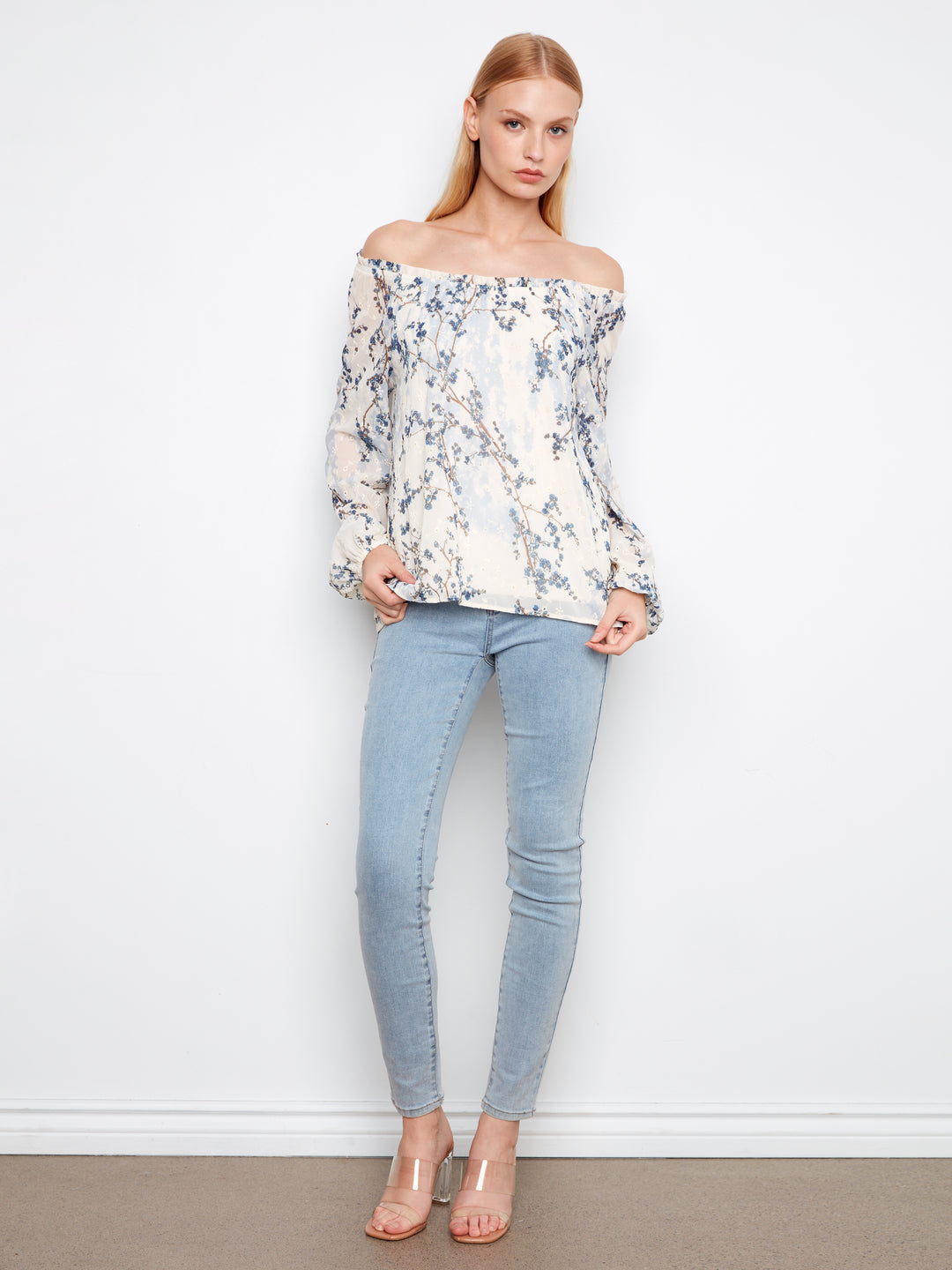 Printed Eyelet Long Raglan Balloon Sleeve Off Shoulder Blouse