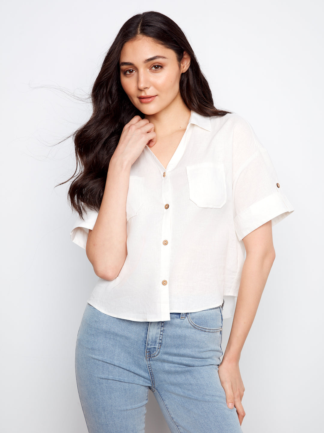 Short Sleeve Button Front Linen Blouse With Patch Pockets