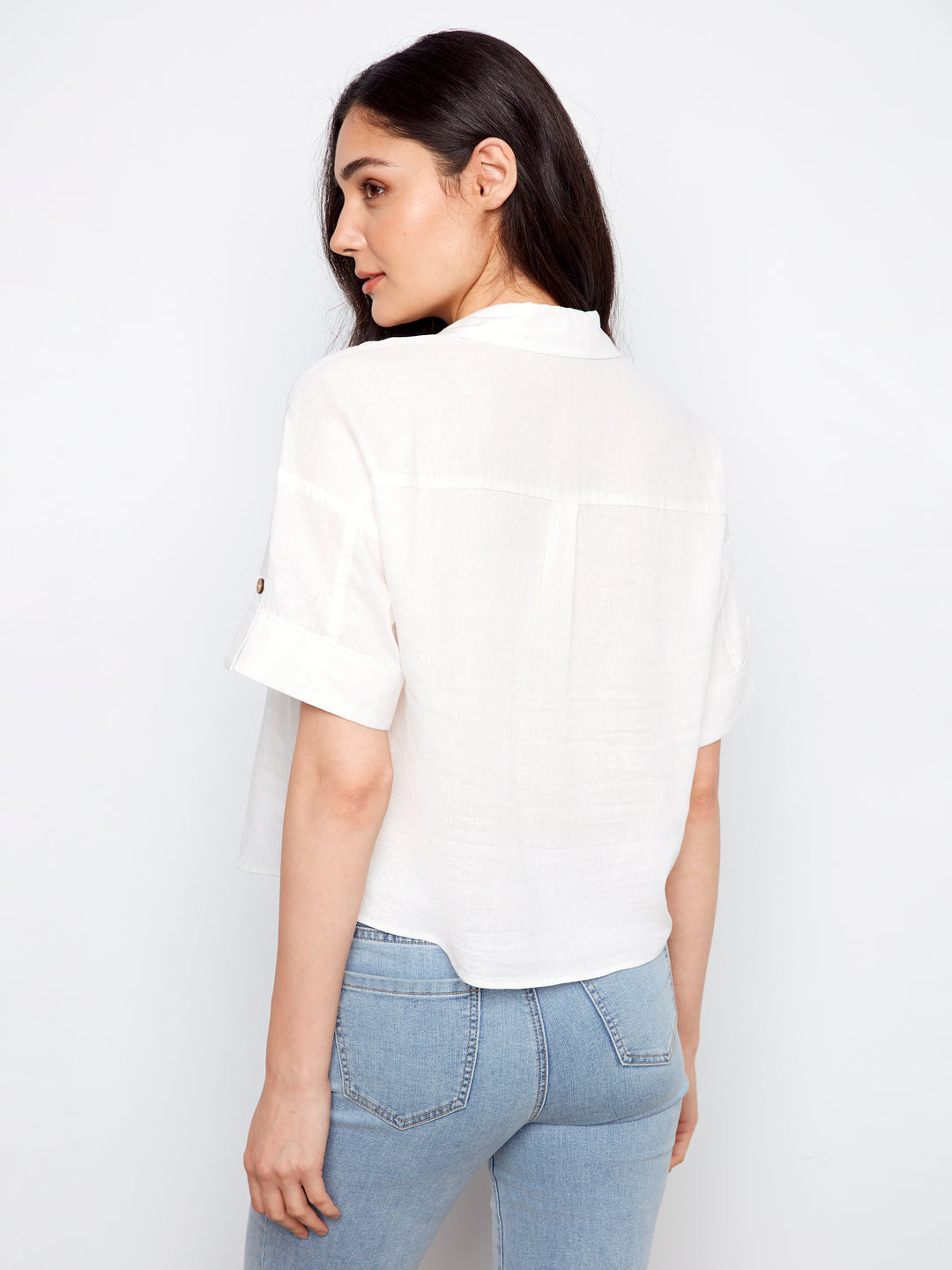Short Sleeve Button Front Linen Blouse With Patch Pockets