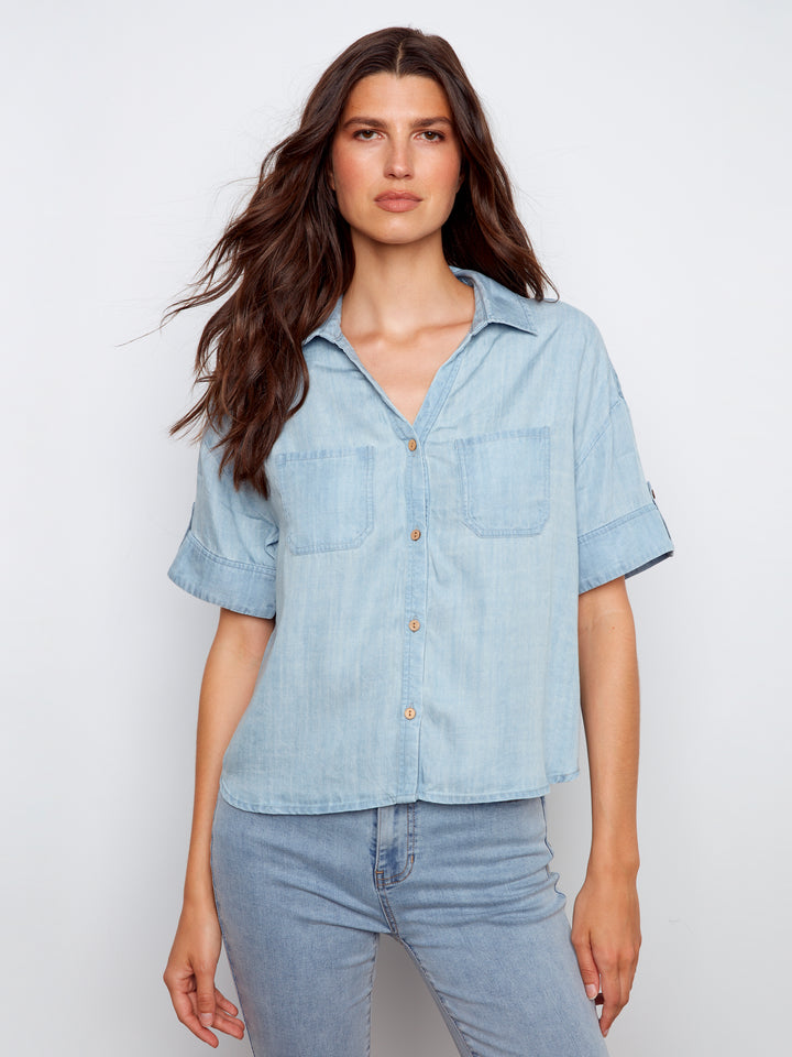 Short Sleeve Button Front Tencel Blouse With Patch Pockets