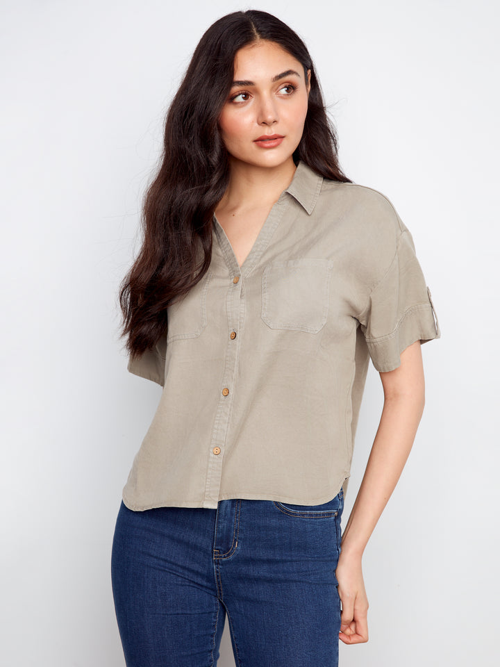 Short Sleeve Button Front Tencel Blouse With Patch Pockets