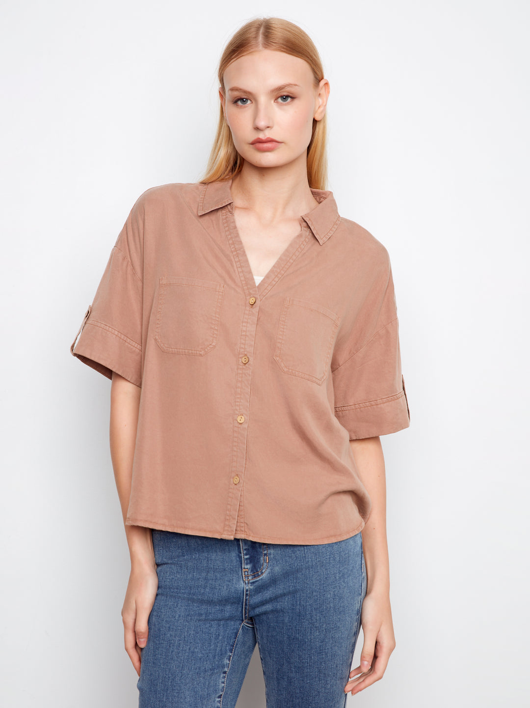 Short Sleeve Button Front Tencel Blouse With Patch Pockets