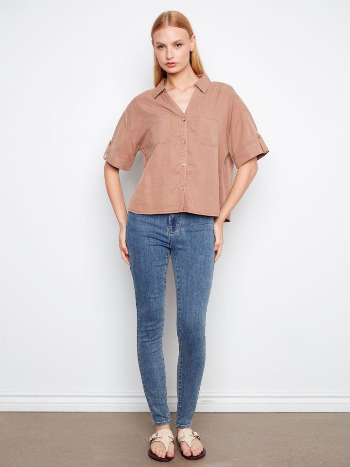 Short Sleeve Button Front Tencel Blouse With Patch Pockets