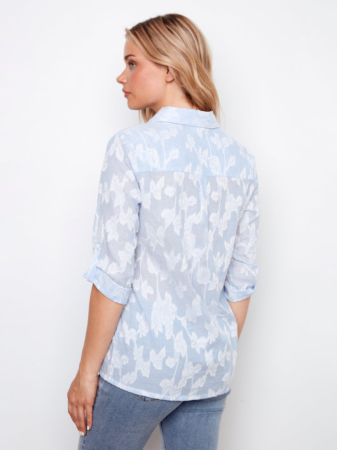 3/4 Roll Up Sleeve Embroidered Yarn Dyed Stripes Blouse