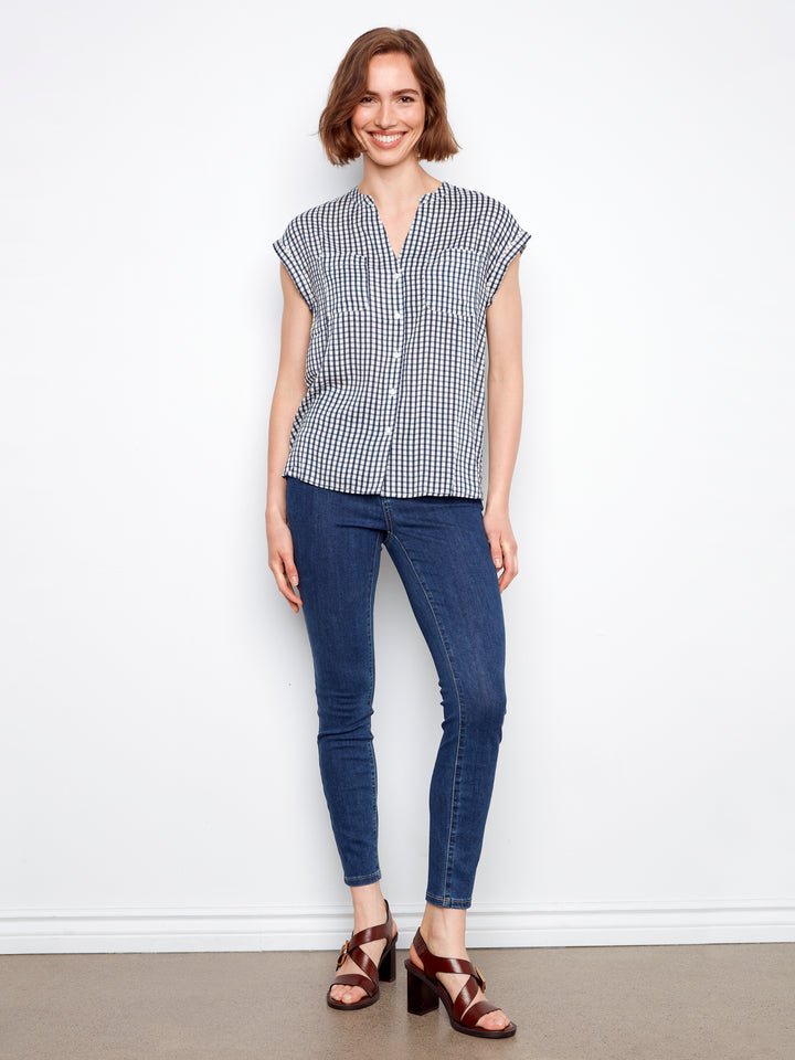 Printed Gignam Short Sleeve Blouse