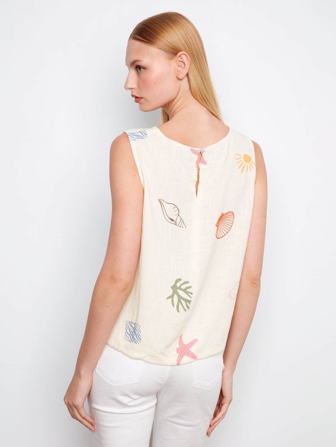 Printed Sleeveless Top With Drawcord At Hem