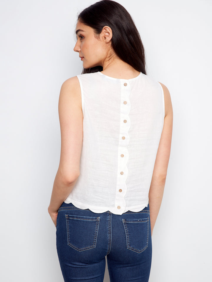 Sleeveless Top With Scallop Edge And Back Decorative Buttons