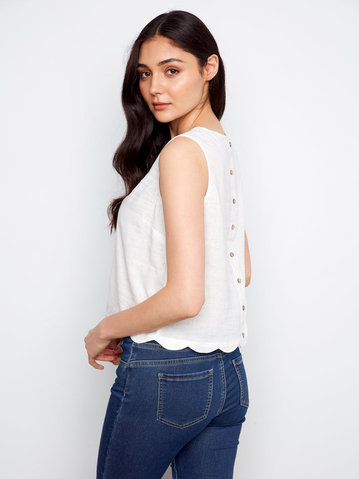 Sleeveless Top With Scallop Edge And Back Decorative Buttons