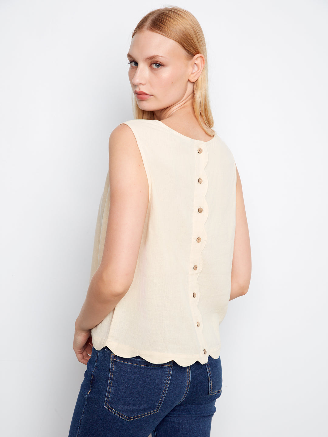 Sleeveless Top With Scallop Edge And Back Decorative Buttons