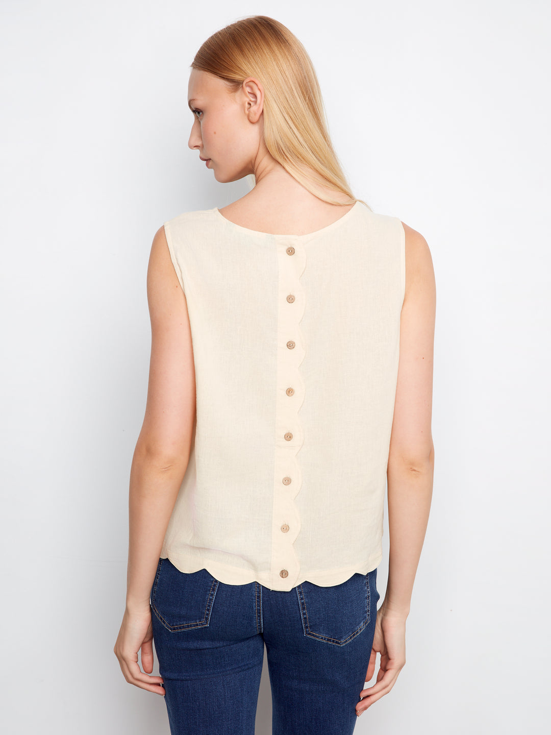 Sleeveless Top With Scallop Edge And Back Decorative Buttons
