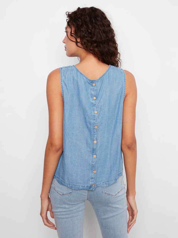 Scallop Hem Sleeveless Top With Back Decorative Buttons