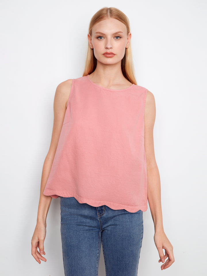 Scallop Hem Sleeveless Top With Back Decorative Buttons