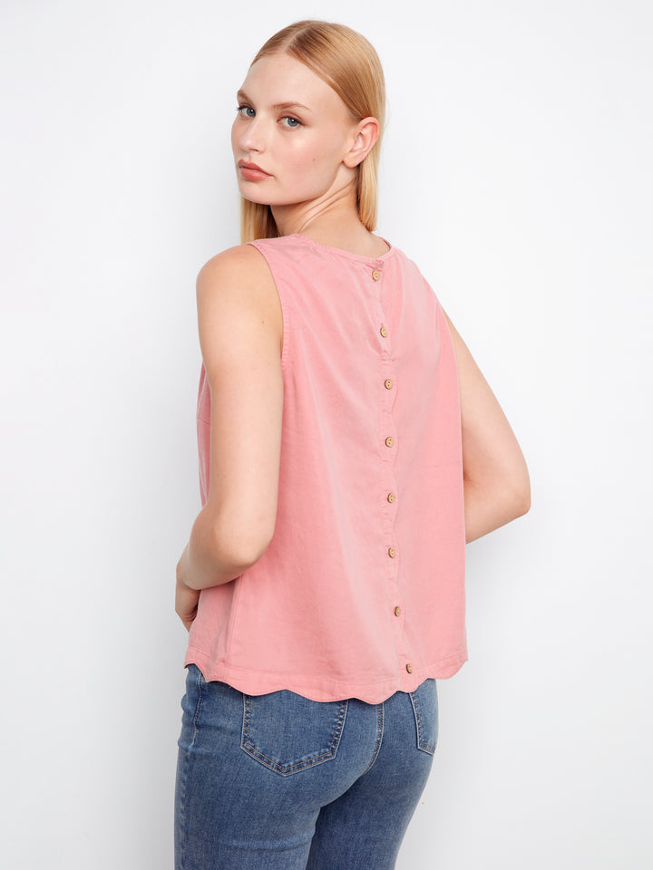 Scallop Hem Sleeveless Top With Back Decorative Buttons