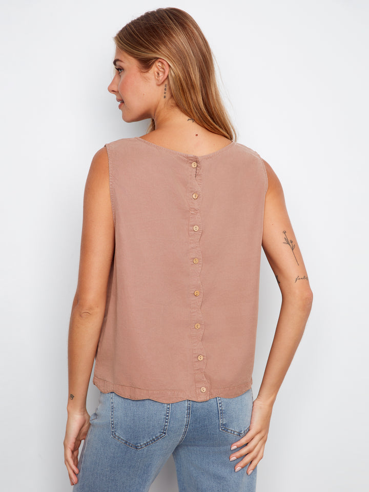 Scallop Hem Sleeveless Top With Back Decorative Buttons