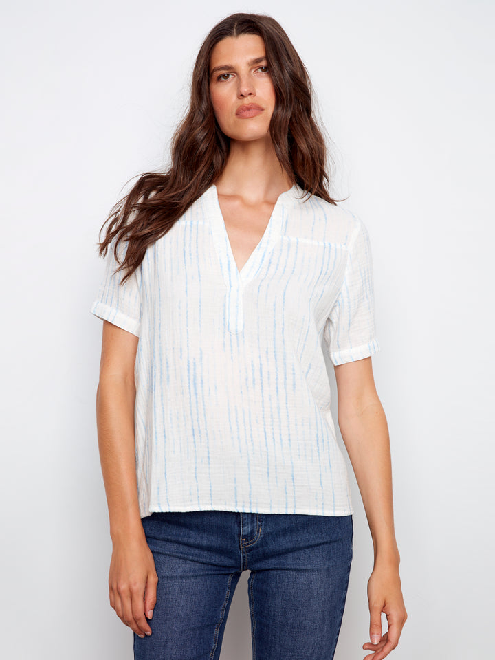 Split Neckline Printed Bubble Cotton Blouse