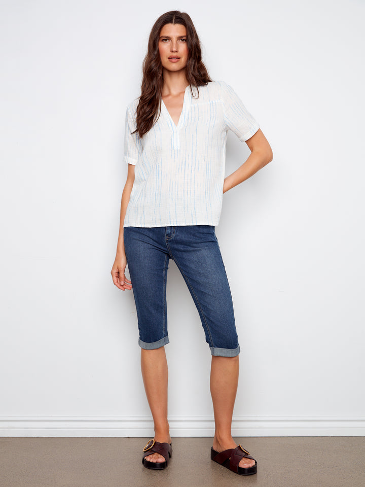 Split Neckline Printed Bubble Cotton Blouse