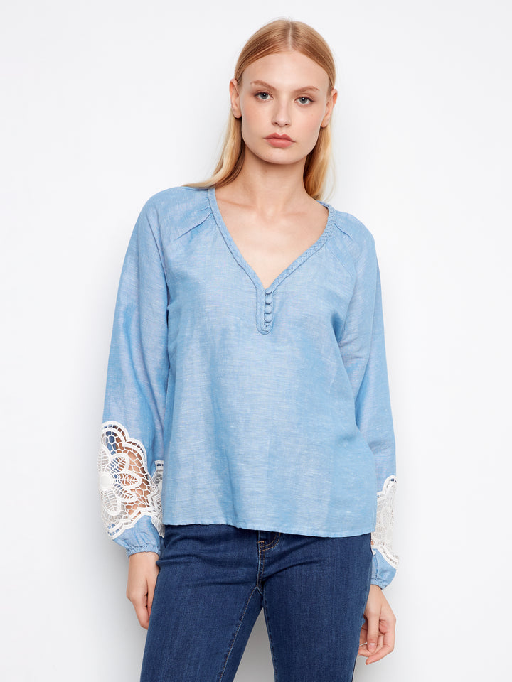 Embroidered Chambray Linen Blend V -Neck Long Sleeve Blouse