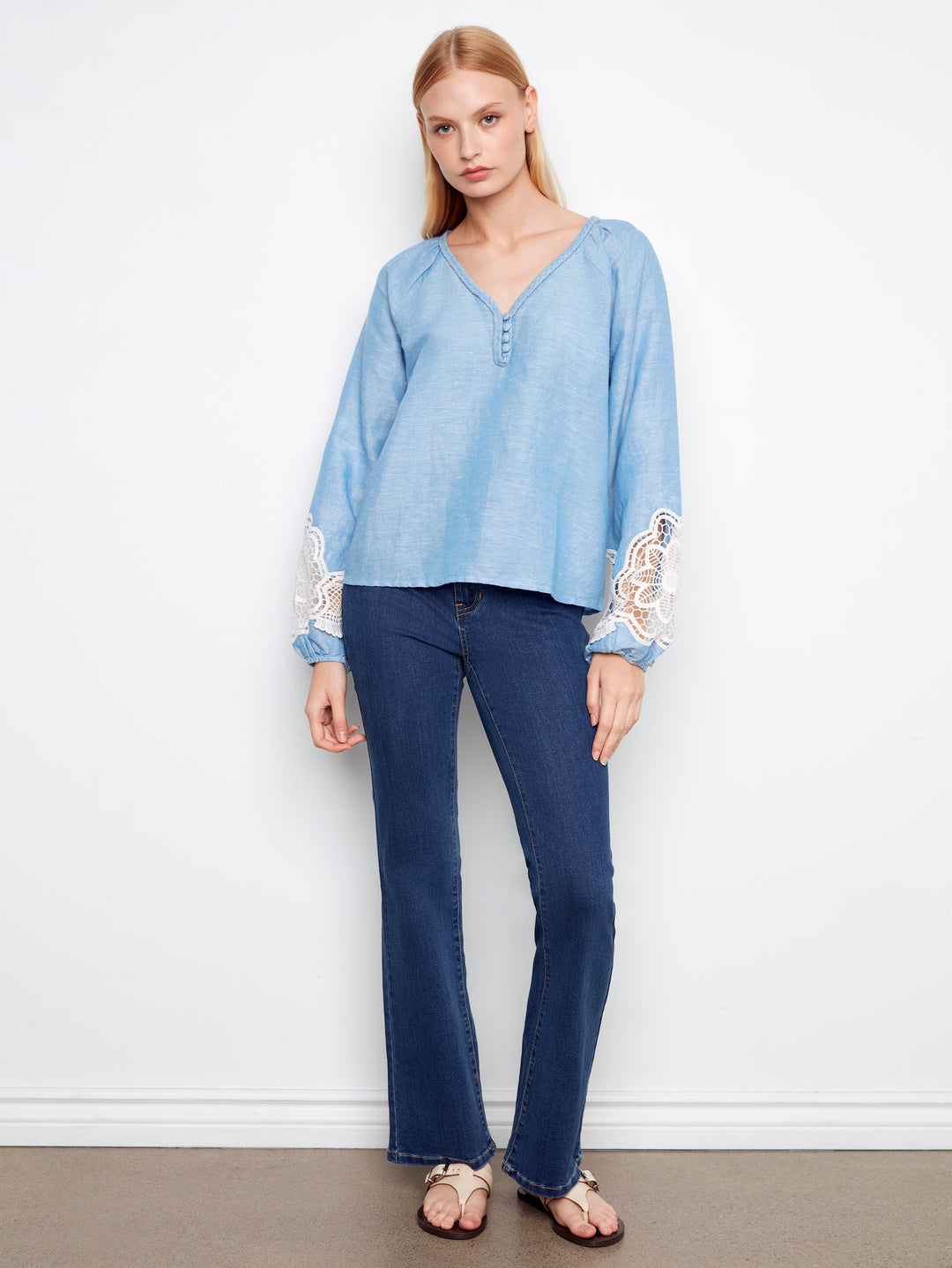 Embroidered Chambray Linen Blend V -Neck Long Sleeve Blouse