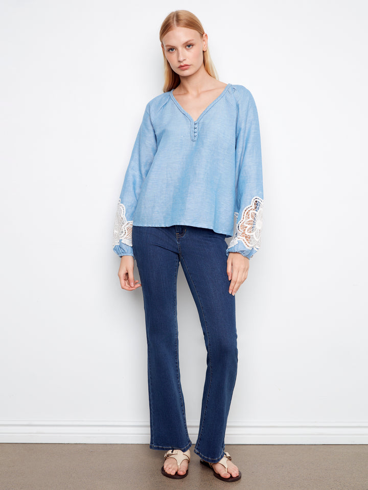 Embroidered Chambray Linen Blend V -Neck Long Sleeve Blouse