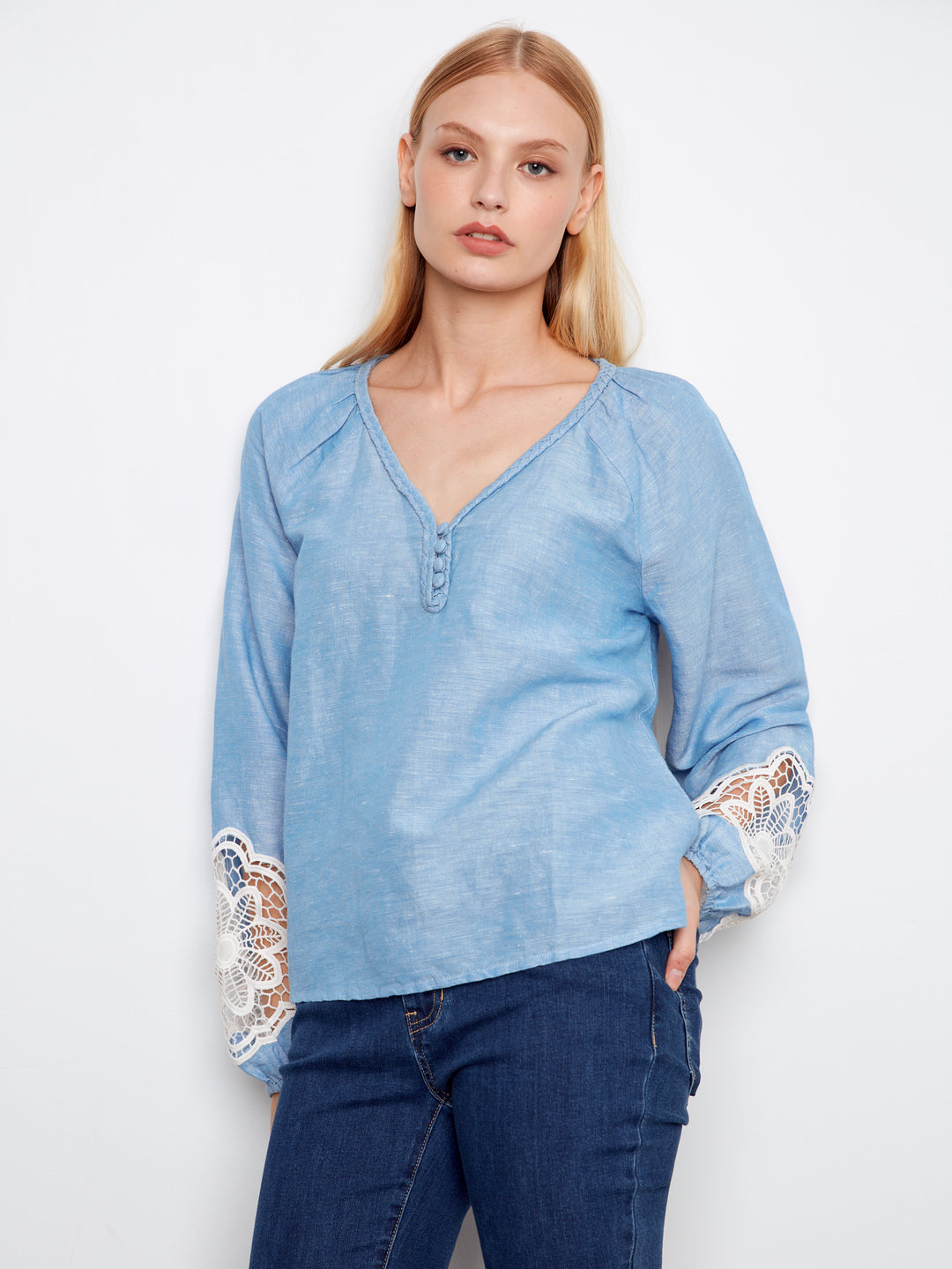 Embroidered Chambray Linen Blend V -Neck Long Sleeve Blouse