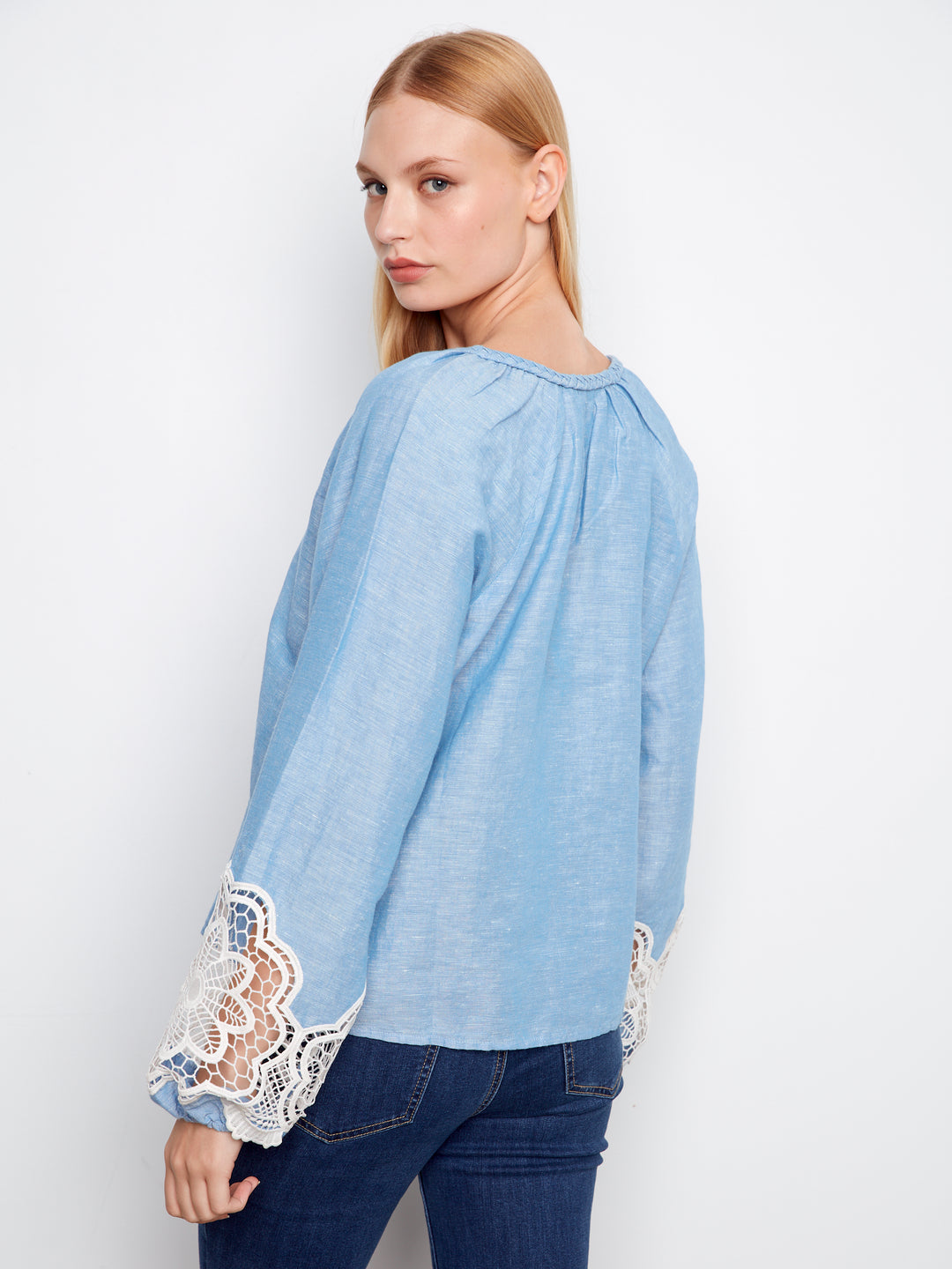 Embroidered Chambray Linen Blend V -Neck Long Sleeve Blouse