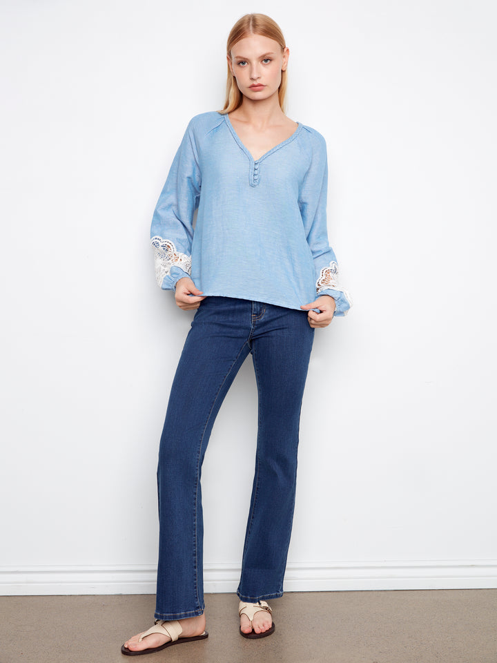 Embroidered Chambray Linen Blend V -Neck Long Sleeve Blouse